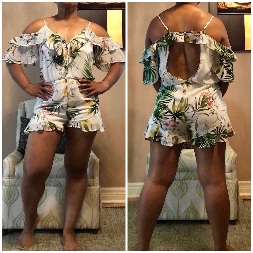 TRAC Botanical Print Cold Shoulder Romper, small